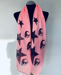 Image 3 of Skulls and Stars Scarf – Long Pink Statement Scarf with Black Skull Print, Gothic Scarf
