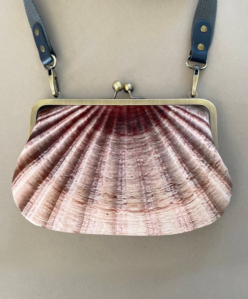 Image of Seashell, printed velvet kisslock bag with crossbody canvas or chain strap
