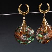 Image 1 of Ear Weights - Bronze & Jasper Stone Weights - Saddle Plugs - Stretched Ears - Golden Ear Weights