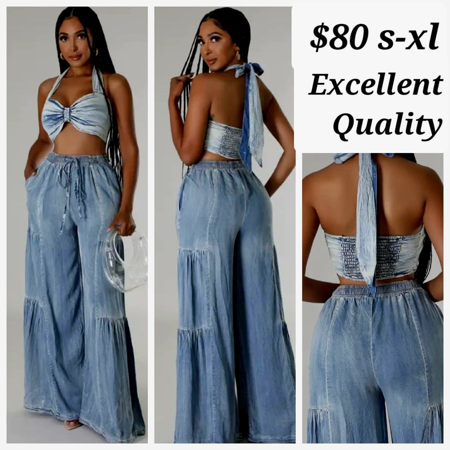 Image of Blue Denim Effect 2pc pant set