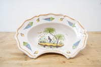 Image 1 of Antique French Faience Shaving Bowl - Circa 19th Century w/ rivet repairs.