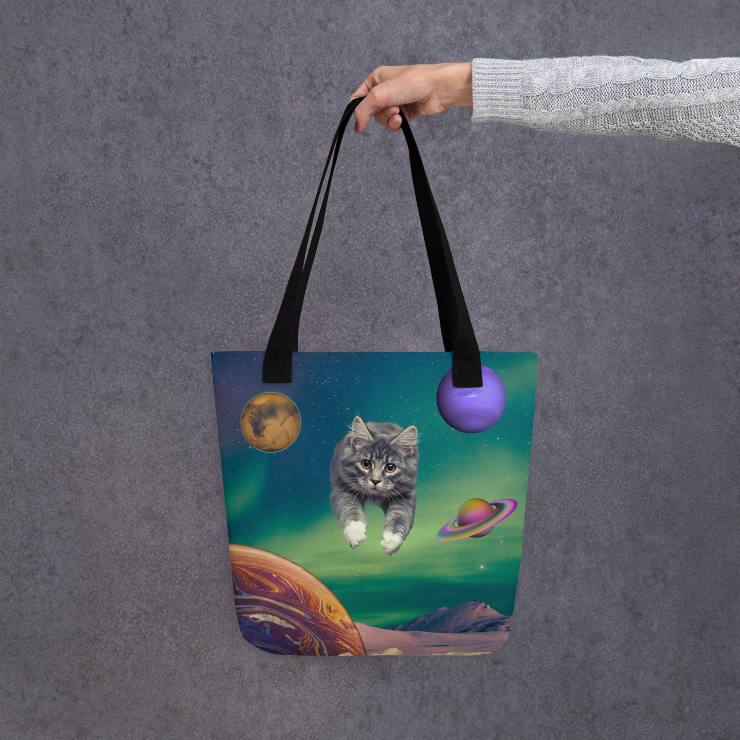 Image of Cat Flying through Space - All Over Print Tote Bag