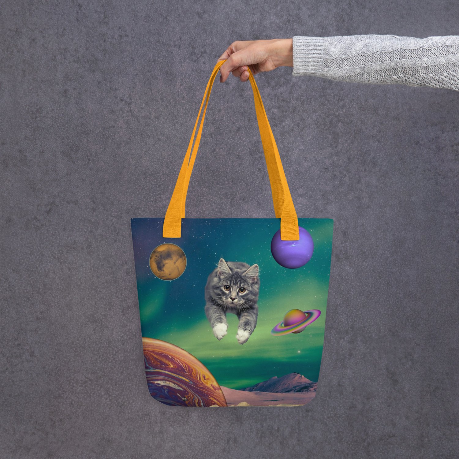 Image of Cat Flying through Space - All Over Print Tote Bag