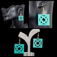 Image 2 of Mid Mod Breezeway Block Atomic X Cutout Square Dangle Earrings in Turquoise