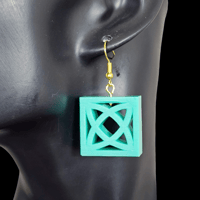 Image 4 of Mid Mod Breezeway Block Atomic X Cutout Square Dangle Earrings in Turquoise