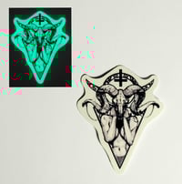 Image 1 of Glow In The Dark Upside-Down Cross With Baphomet Glossy Finish Vinyl Sticker