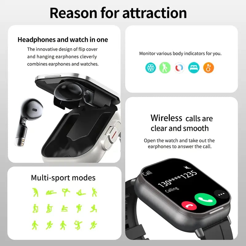 Image of Greenport smart watch 2-in-1 with wireless earphones