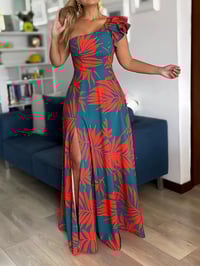 Image 1 of One Shoulder Tropical Print Maxi Dress