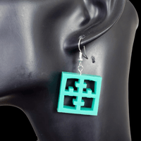 Image 3 of Retro Mid Century Modern Cross Style Cutout Breezeway Block Dangle Earrings