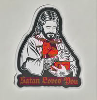 Image 1 of Satan Loves You Jesus Holding A Red Demon Goat Matte Vinyl Sticker