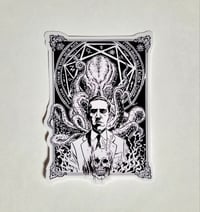 Image 1 of H.P. Lovecraft Holding A Skull With Cthulu In The Background Matte Vinyl Sticker
