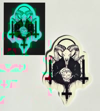 Image 1 of Glow In The Dark 3 Upside-Down Crosses With Satanic Priest Holding A Skull Glossy Finish Sticker