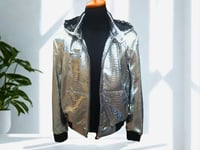 Image 1 of Metallic Silver Snakeskin Leather Jackets with Hoodies