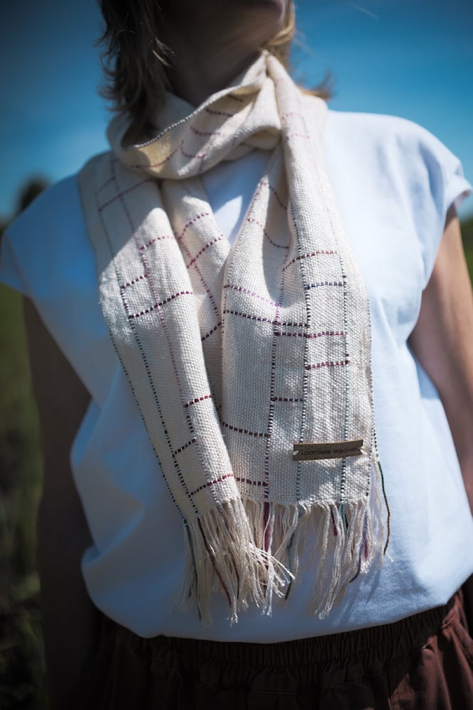 Image of Ecru & Crimson Silk/Seaweed Linear Scarf