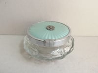 Image 2 of 1930s Trinket Jar or Powder Bowl with Lid, Pale Blue Guilloche Style Top & Marcasite Flower 