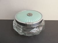 Image 1 of 1930s Trinket Jar or Powder Bowl with Lid, Pale Blue Guilloche Style Top & Marcasite Flower 