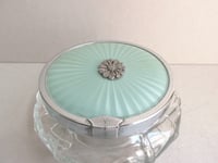 Image 4 of 1930s Trinket Jar or Powder Bowl with Lid, Pale Blue Guilloche Style Top & Marcasite Flower 