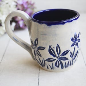 Image of Spring Flowers Carved Coffee Cup, Gardeners Pottery Mug, Handmade in USA
