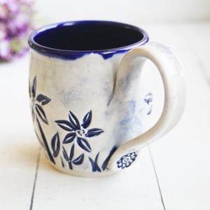 Image of Spring Flowers Carved Coffee Cup, Gardeners Pottery Mug, Handmade in USA