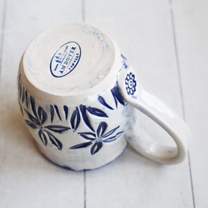 Image of Spring Flowers Carved Coffee Cup, Gardeners Pottery Mug, Handmade in USA