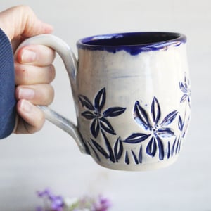 Image of Spring Flowers Carved Coffee Cup, Gardeners Pottery Mug, Handmade in USA