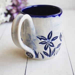 Image of Spring Flowers Carved Coffee Cup, Gardeners Pottery Mug, Handmade in USA
