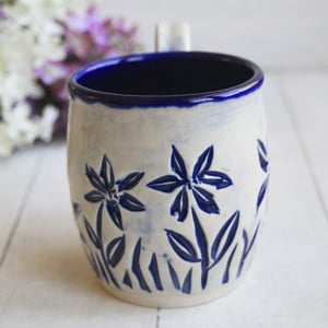 Image of Spring Flowers Carved Coffee Cup, Gardeners Pottery Mug, Handmade in USA