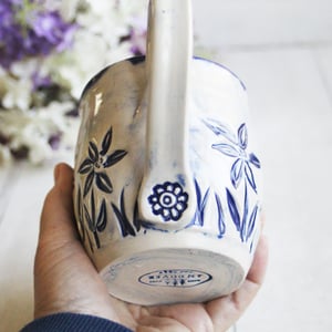 Image of Spring Flowers Carved Coffee Cup, Gardeners Pottery Mug, Handmade in USA