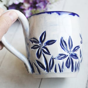 Image of Spring Flowers Carved Coffee Cup, Gardeners Pottery Mug, Handmade in USA