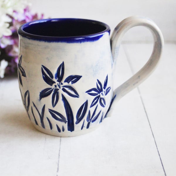 Image of Spring Flowers Carved Coffee Cup, Gardeners Pottery Mug, Handmade in USA