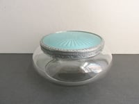 Image 1 of 1930s Art Deco Trinket Jar or Powder Bowl with Lid, Pale Turquoise Blue guilloche style pattern 
