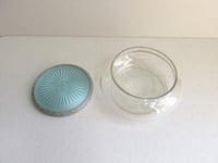 Image 6 of 1930s Art Deco Trinket Jar or Powder Bowl with Lid, Pale Turquoise Blue guilloche style pattern 