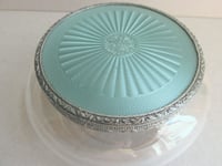 Image 8 of 1930s Art Deco Trinket Jar or Powder Bowl with Lid, Pale Turquoise Blue guilloche style pattern 