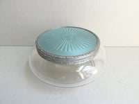 Image 2 of 1930s Art Deco Trinket Jar or Powder Bowl with Lid, Pale Turquoise Blue guilloche style pattern 