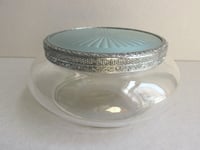 Image 4 of 1930s Art Deco Trinket Jar or Powder Bowl with Lid, Pale Turquoise Blue guilloche style pattern 