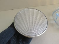 Image 8 of 1930s Art Deco Trinket Jar or Powder Bowl with Lid, Pale Blue Glass, Metal Sunray Top, small defect 