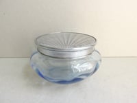 Image 2 of 1930s Art Deco Trinket Jar or Powder Bowl with Lid, Pale Blue Glass, Metal Sunray Top, small defect 