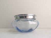 Image 4 of 1930s Art Deco Trinket Jar or Powder Bowl with Lid, Pale Blue Glass, Metal Sunray Top, small defect 