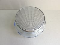 Image 5 of 1930s Art Deco Trinket Jar or Powder Bowl with Lid, Pale Blue Glass, Metal Sunray Top, small defect 
