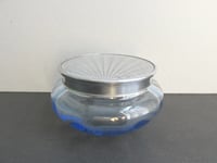 Image 1 of 1930s Art Deco Trinket Jar or Powder Bowl with Lid, Pale Blue Glass, Metal Sunray Top, small defect 