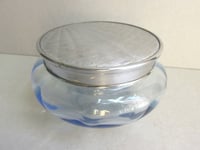 Image 3 of 1930s Art Deco Trinket Jar or Powder Bowl with Lid, Pale Blue Glass, Metal Sunray Top, small defect 