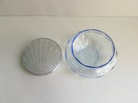 Image 6 of 1930s Art Deco Trinket Jar or Powder Bowl with Lid, Pale Blue Glass, Metal Sunray Top, small defect 