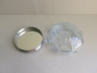 Image 7 of 1930s Art Deco Trinket Jar or Powder Bowl with Lid, Pale Blue Glass, Metal Sunray Top, small defect 