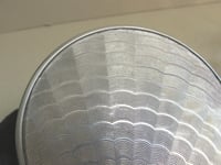 Image 9 of 1930s Art Deco Trinket Jar or Powder Bowl with Lid, Pale Blue Glass, Metal Sunray Top, small defect 