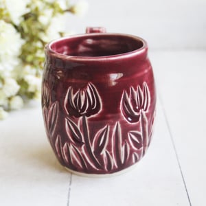 Image of Spring Flowers Carved Coffee Cup, Ox Blood Red Gardeners Pottery Mug, Handmade in USA