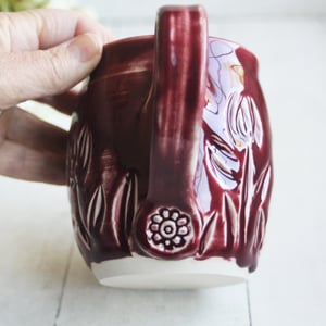 Image of Spring Flowers Carved Coffee Cup, Ox Blood Red Gardeners Pottery Mug, Handmade in USA