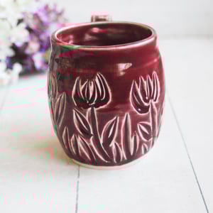 Image of Spring Flowers Carved Coffee Cup, Ox Blood Red Gardeners Pottery Mug, Handmade in USA