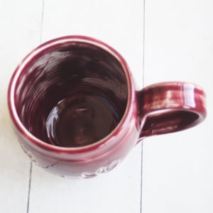 Image of Spring Flowers Carved Coffee Cup, Ox Blood Red Gardeners Pottery Mug, Handmade in USA