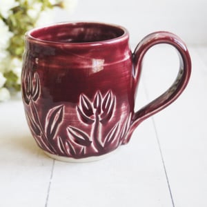 Image of Spring Flowers Carved Coffee Cup, Ox Blood Red Gardeners Pottery Mug, Handmade in USA