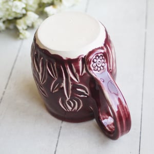 Image of Spring Flowers Carved Coffee Cup, Ox Blood Red Gardeners Pottery Mug, Handmade in USA